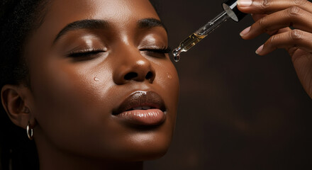 Glowing Skin Elixir: Beautiful Black Woman Applying Luxurious Facial Serum for Radiant, Healthy, and Hydrated Skin. Achieve Your Natural Glow!