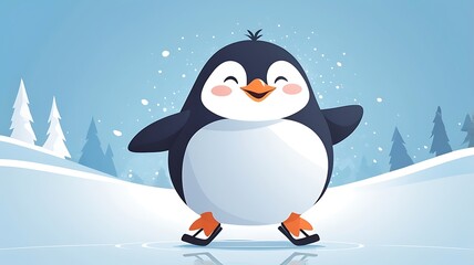 Chubby penguin ice-skating, joyful expression, winter theme vector illustration