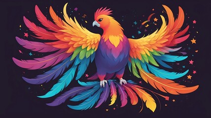 Fototapeta premium Chubby phoenix with rainbow feathers, mystical vibes, glowing vector art