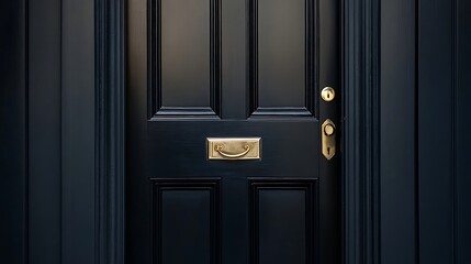A matte black front door with a brass handle shaped like a ribbon 