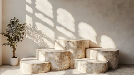 Minimalist Interior Featuring a Textured Stone Staircase with Natural Light and Soft Shadows
