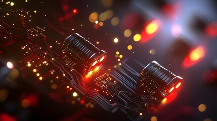 Abstract Electronic Circuit Board with Glowing Lights and Dynamic Color Patterns