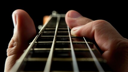 Close up view of a hand pressing down on the strings of a guitar against a dark black background