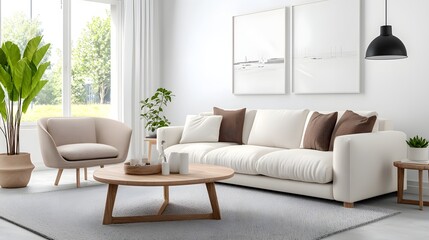 Bright and Cozy Living Room with Modern Furniture and Natural Light from Large Windows