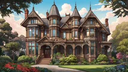 Obraz premium Classic Victorian-style mansion with intricate woodwork, stained glass windows, and a lush front garden
