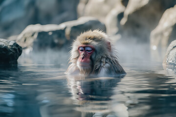 Fototapeta premium Japanese macaque sitting in a hot spring, wildlife winter scene