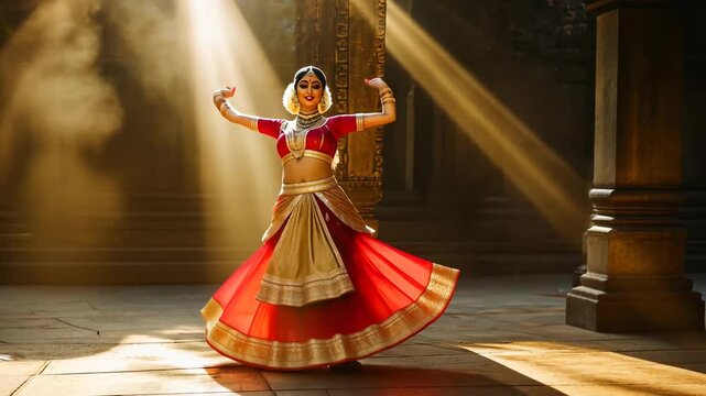 A woman in a red and gold dress is dancing in front of a pillar. Concept of grace and elegance, as the woman's movements are fluid and graceful