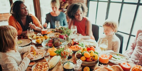 Diverse group enjoying a festive meal. Family and friends gather around a table filled with food. Warm atmosphere with laughter and conversation. Celebrations and family gathering.