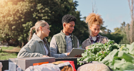 Farming, tablet and inventory with people and truck for vegetable logistics, supply chain and...
