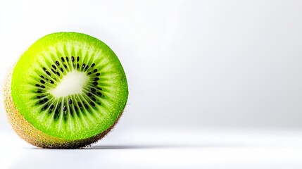 Freshly Cut Green Kiwi Slice with Detailed Texture on White Background
