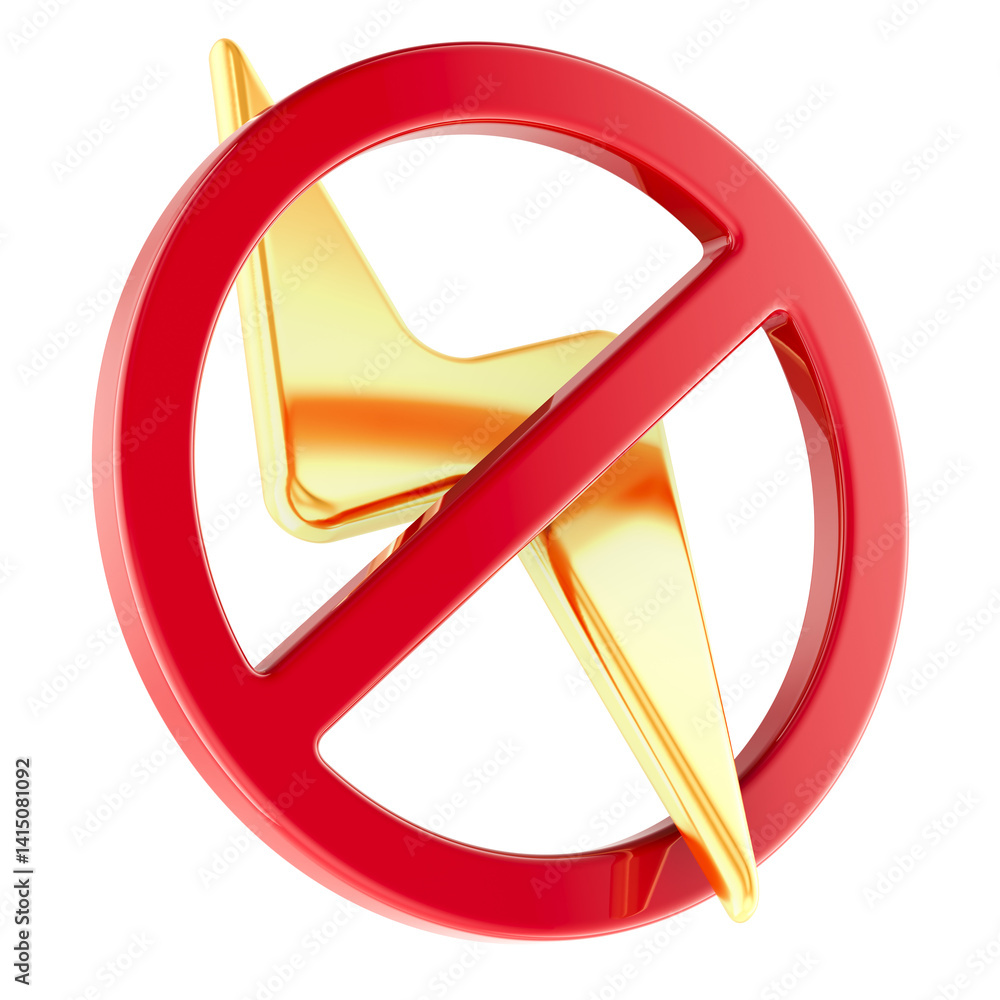 Poster lightning bolt with prohibition symbol. no electricity icon. 3d rendering isolated on transparent ba