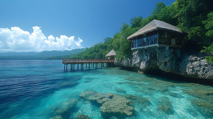 Obraz premium Turquoise water surrounds a tropical hut atop a rocky cliff connected by a wooden pier under a clear blue sky