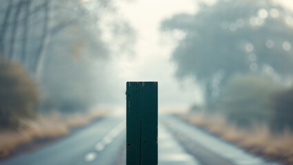 Fototapeta premium Blank Dark Green Wooden Sign on a Blurred Road