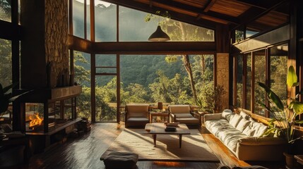 Fototapeta premium Serene Mountainside Living Room with Stunning Views