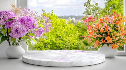 Beautiful Floral Arrangement in White Vases Against a Bright Window Overlooking Lush Greenery