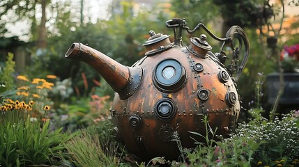 A metallic monster shaped like a teapot sitting in a steampunk-themed garden 