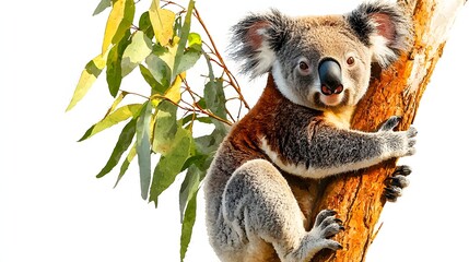 Fototapeta premium Koala Climbing a Eucalyptus Tree in Natural Habitat Surrounded by Green Leaves