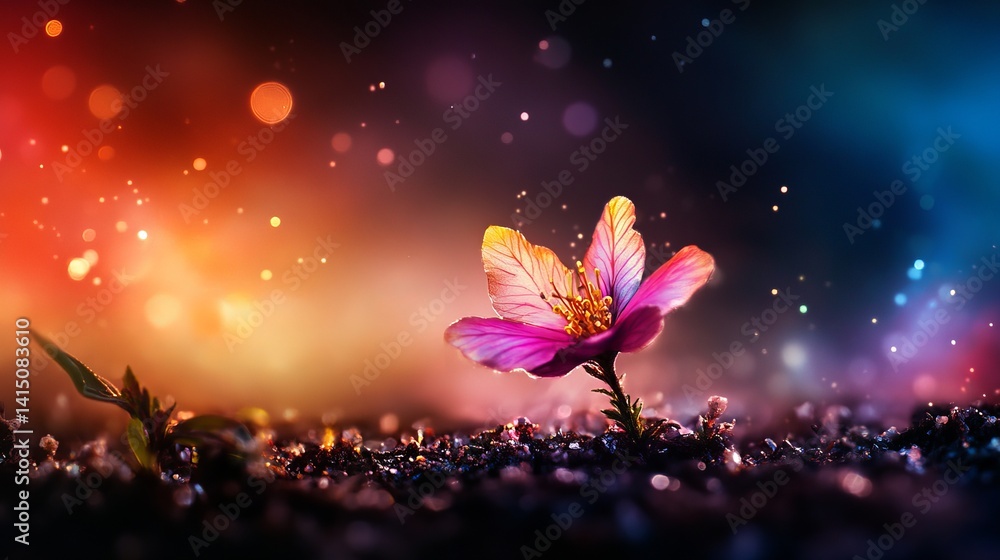 Aufkleber small flower grows in sparkling soil with glowing bokeh lights in the multicolored atmosphere.