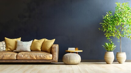 Cozy Living Room Featuring Earthy Tones and Natural Elements with Sofa and Potted Plants