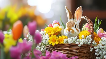 Fototapeta premium Easter Bunny Surrounded by Colorful Flowers and Painted Eggs in a Rustic Basket