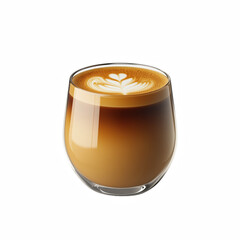 Flat white coffee in clear glass with latte art on creamy surface, smooth espresso and milk blend, isolated on transparent background.