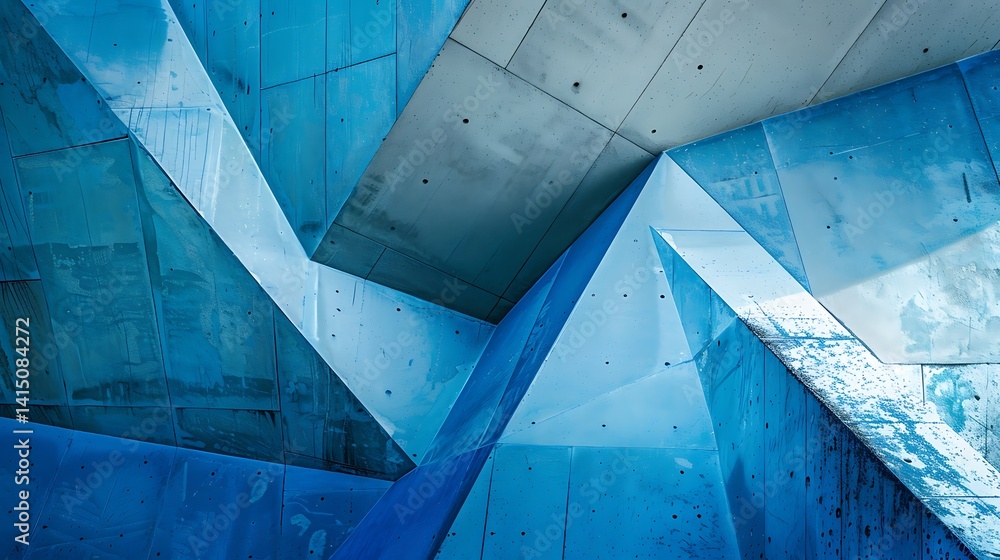Poster abstract view of modern concrete architecture featuring sharp geometric angles, planes, and shadows 