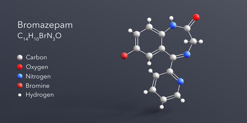 bromazepam molecule 3d rendering, flat molecular structure with chemical formula and atoms color coding
