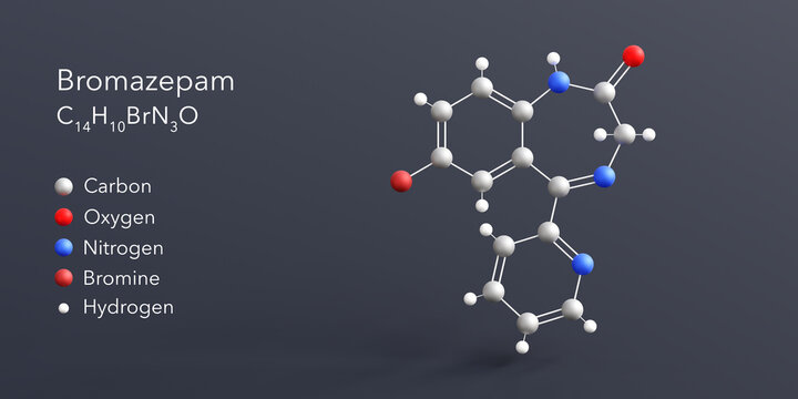 bromazepam molecule 3d rendering, flat molecular structure with chemical formula and atoms color coding