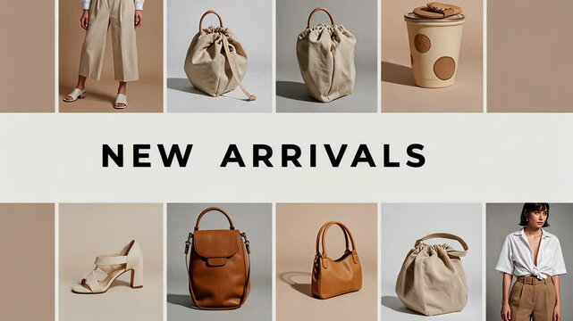New Arrivals Product Display Motion Picture. Woman wearing new fashion. Stylish shoes and bags with copy space concept stock video for social media advertisement.
