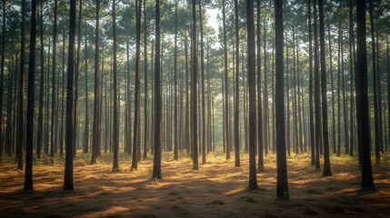 Dense forest with tall straight trees and a sunlit forest floor creating a serene and picturesque woodland landscape