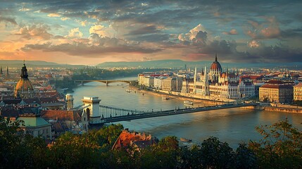 Fototapeta premium Panoramic View of Budapest's Iconic Landmarks at Golden Hour with Clouds