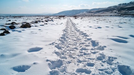 Obraz premium Footsteps mark a winding trail through a blanket of fresh snow, stretching toward distant hills under a bright blue sky, creating a tranquil winter atmosphere