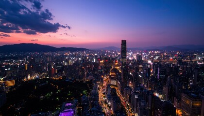 Fototapeta premium Cityscape at twilight. Urban panorama