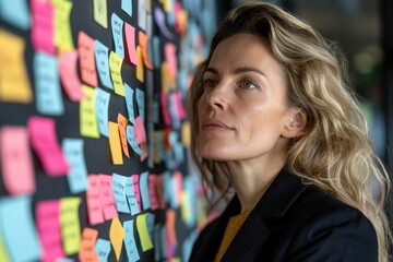 A woman thoughtfully examines a wall covered with colorful sticky notes, reflecting on ideas and planning.