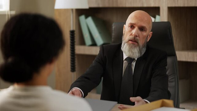 Senior job interviewer rejecting applicant after reading CV, employment refusal