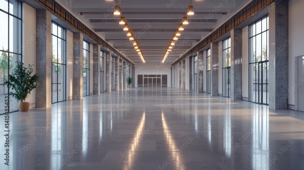 Poster Bright and open area features polished floors and large glass windows allowing natural light to flood in, creating an inviting atmosphere ideal for various events and gatherings
