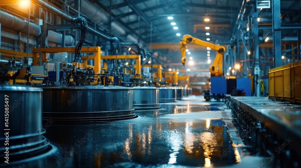 Poster robotic arms efficiently operate in a modern factory, handling large metal containers while water re