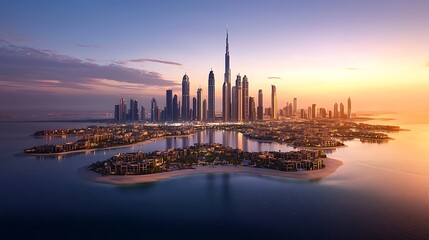 Naklejka premium Panoramic View of Dubai Skyline and Luxury Island at Sunset, United Arab Emirates