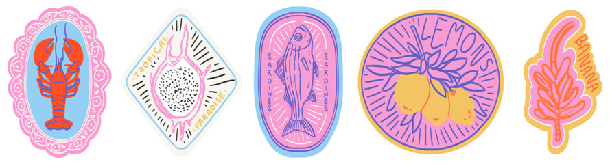 Tropical and italian summer postage stamps stickers. Vector illustration of lobster, dragon fruit, sardines, lemons and banana for print, placards or poster wall art design in trendy charcoal style.