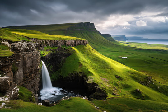 Faeroe Islands misty green landscape, cloudy weather, amazing travel background, AI generated image.