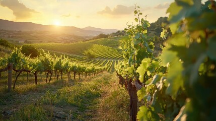 Naklejka premium Sunlight casts a warm glow over expansive grapevines in a vineyard during sunset. The rolling hills and distant mountains create a peaceful backdrop, highlighting natures beauty