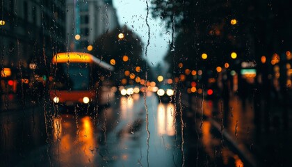 Fototapeta premium Rainy city street view through a window