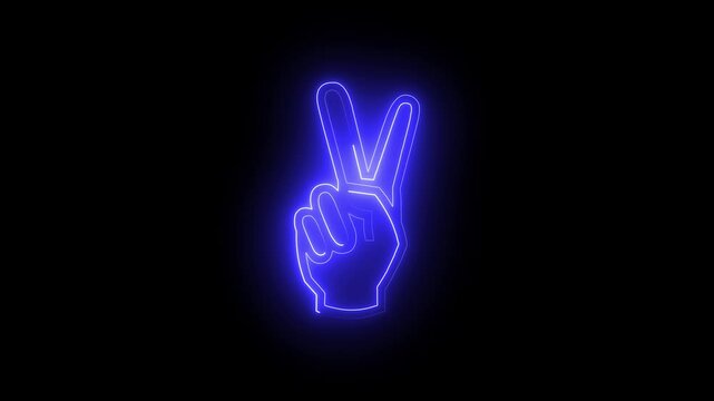 Purple v sign vertical neon hand icon glowing animation on black background