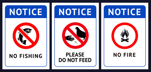 Labels No fire, No fishing, Do not feed birds