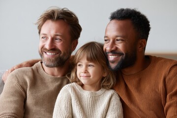 Fototapeta premium LGBTQ family bonding at home, gay couple with adopted daughter sitting on cozy sofa, blue and burgundy outfits, girl in yellow and green clothes, Selective Focus, Copy Space.