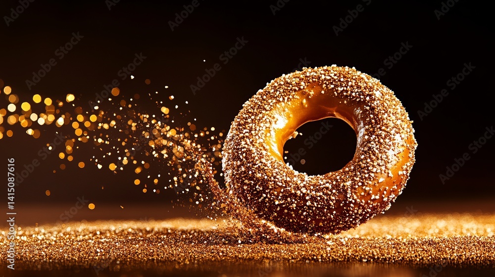 Poster sprinkled donut seemingly floats in a space filled with golden sparkles on a reflective surface agai