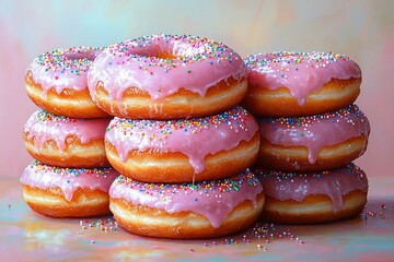 glazed doughnuts with colorful icing and sprinkles stacked on a pastel background 