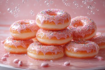 glazed doughnuts with colorful icing and sprinkles stacked on a pastel background 