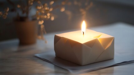 A minimalist cube cake with glowing edges and a radiant geometric candle 