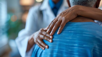 A doctor comforts a worried patient by placing a hand on their shoulder